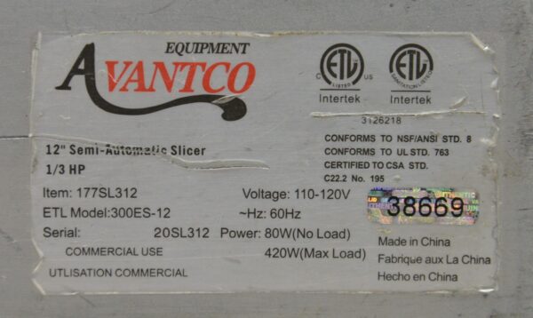 Avantco SL312 12" Semi-Automatic Gravity Feed Meat Slicer 1/3 hp