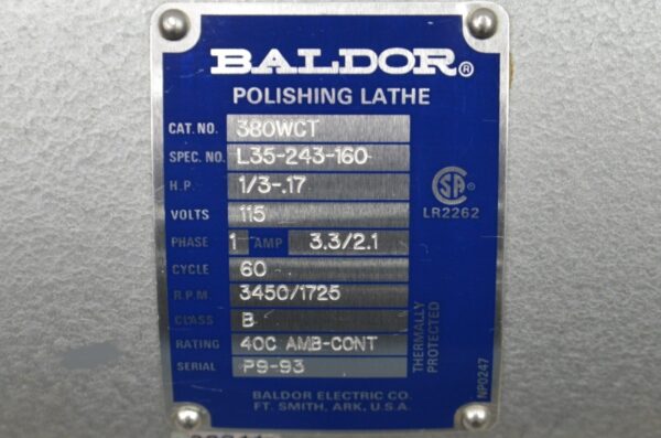 Baldor 380WCT Dental Polishing Lathe 1/3HP 115 Volts 1 Amp PH