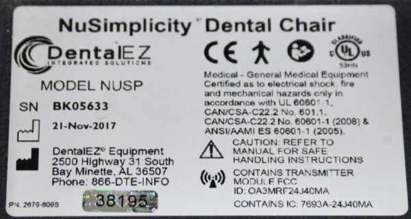 DentalEZ NUSP NuSimplicity Dental Chair W/ Radius Delivery Unit & Mount Light