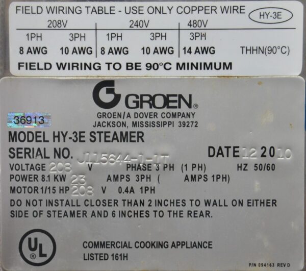 Groen HY-3E Double Stack Convection Steamer 208V 8.1KW 3 PH 1/15 HP
