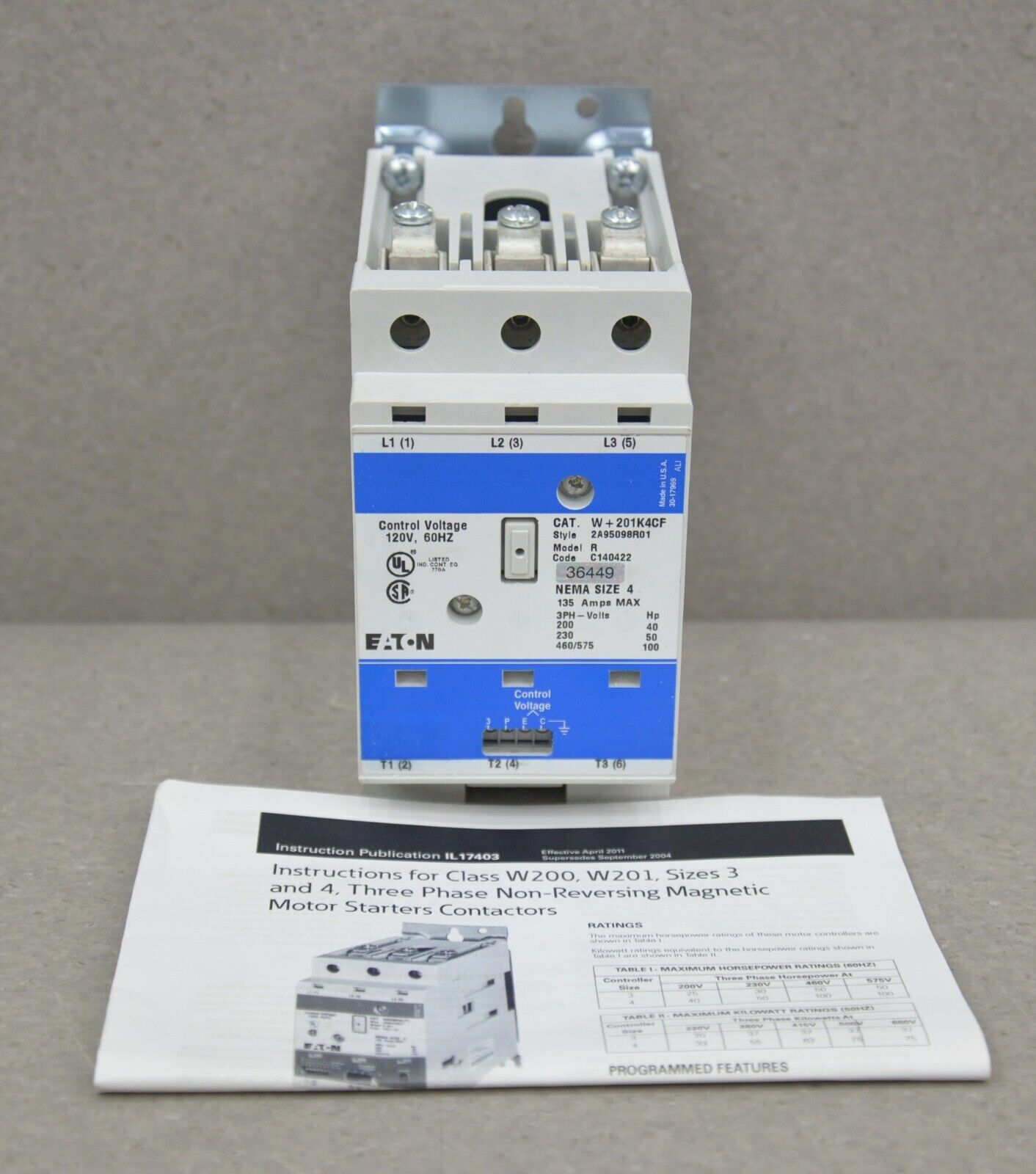EATON W+201K4CF 3Phase Size 4 Magnetic Advantage Starter Contactor Coil 120V