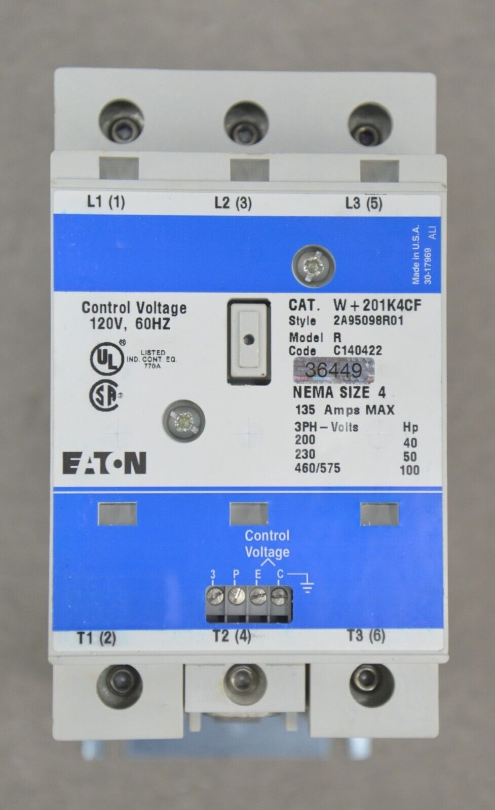 EATON W+201K4CF 3Phase Size 4 Magnetic Advantage Starter Contactor Coil 120V