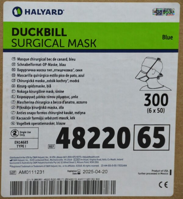 Halyard Duckbill Surgical Masks Blue 48220 EXP. 2025-04-20 Case of 6 x 50 300PCS