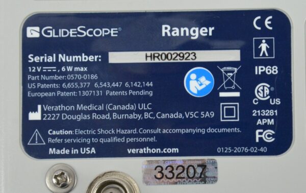 Verathon GlideScope Ranger Video Laryngoscope 0570-0186 W/ Baton 3-4 0570-0198