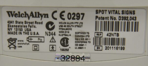 Welch Allyn 42NTB Spot Vital Signs Monitor W/ Temperature, NBP, SpO2 & Power Supply