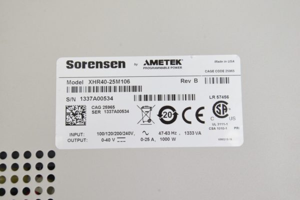 Ametek Sorensen XHR40-25 M106 DC Power Supply 0-40V 0-25A (Xantrex) 25M106