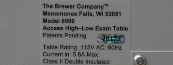 Brewer 6500 Access High-Low Exam Table Power Back W/ Foot Switch