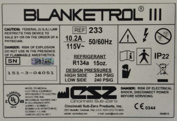 CSZ Cincinnati Sub-Zero Blanketrol III Smart Hyper-Hypothermia Unit