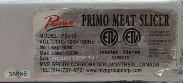 Primo PS-12 Manual Aluminum Deli Meat Slicer 12" 110-120V