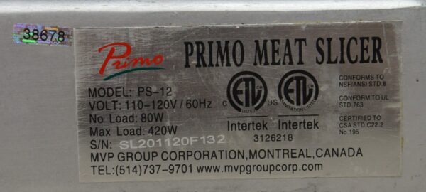 Primo PS-12 Manual Aluminum Deli Meat Slicer 12" 110-120V
