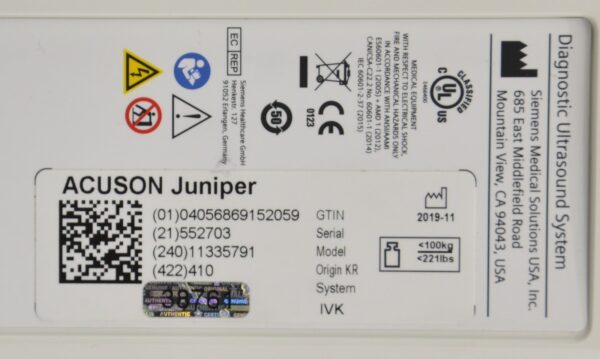 Siemens Acuson Juniper Ultrasound System 11335791 2019 W/ 10MC3 & 5C1 Transducers