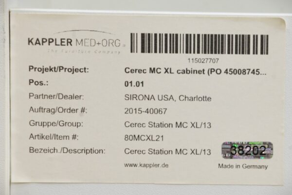 Sirona Kappler Med Cerec Milling MCXL Cabinet For Cerec Milling Machine