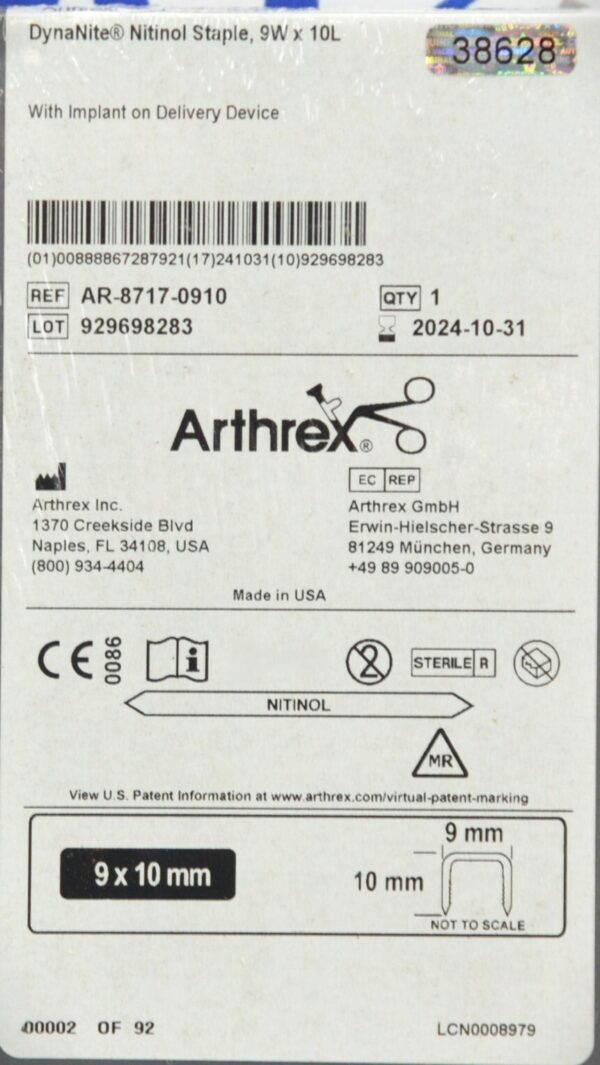 Arthrex AR-8717-0910 DynaNite Nitinol Staple 9mm x 10mm exp. 2024-10-31