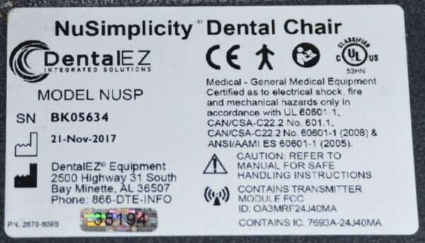 DentalEZ NUSP NuSimplicity Dental Chair W/ Radius Delivery Unit & Mount Light