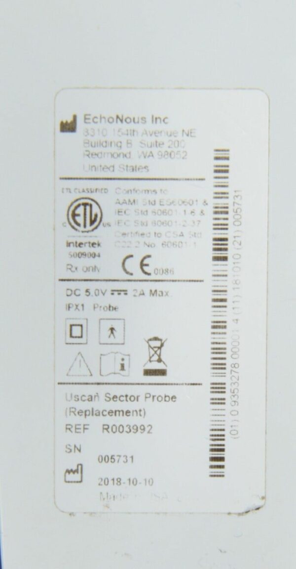EchoNous Uscan Sector Probe R003992 W/ HP Pro Slate 8 Tablet & Cart
