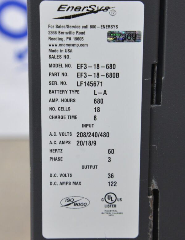 EnerSys EF3-18-680B EnForcer Ferro Charger 208/240/480 Volts 20/18/9 Amps 3 PH