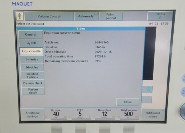 Maquet 6487800 Servo-I Critical Care AB Ventilator 6449701 W/ 6696947 Cassette