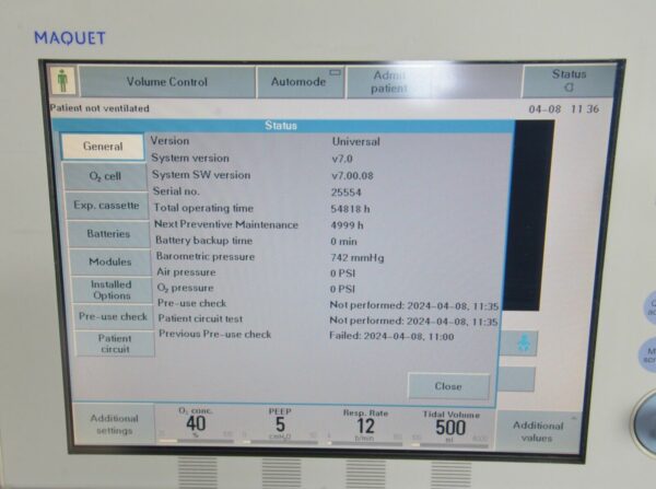 Maquet 6487800 Servo-I Critical Care AB Ventilator 6449701 W/ 6696947 Cassette