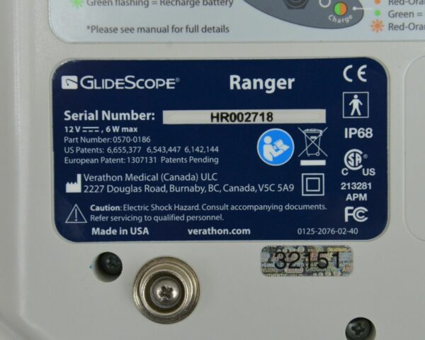 Verathon GlideScope Ranger Video Laryngoscope 0570-0186 W/ Blade 0574-0018 & Baton 3-4