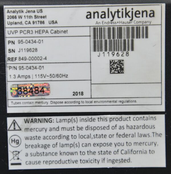 Analytik Jena UVP PCR3 HEPA Workstation Cabinet 95-0434-01