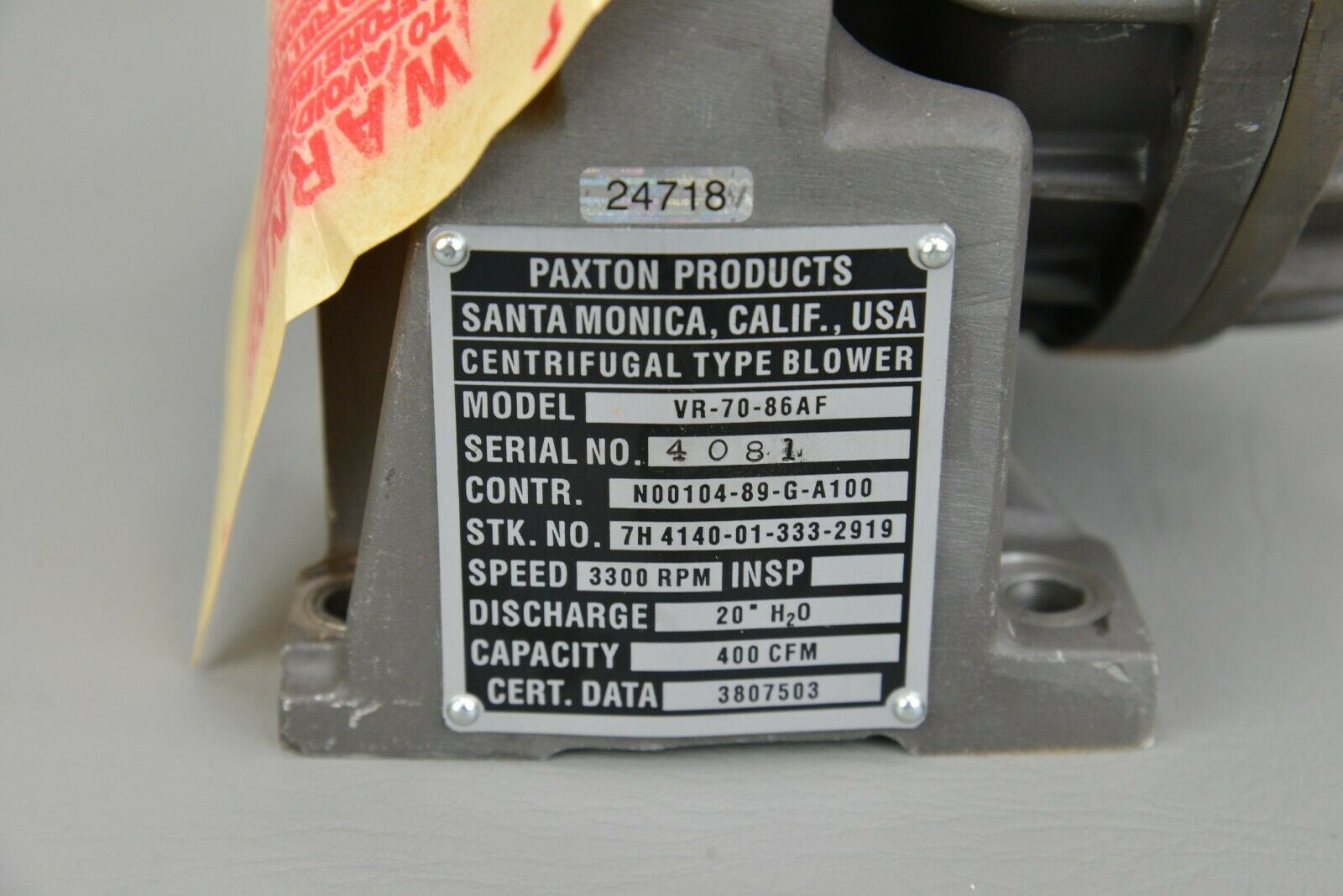 New Paxton Products VR-70-86AF Centrifugal Type Blower 3300