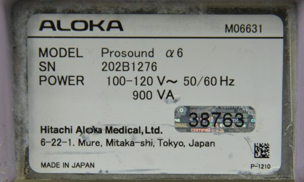 Aloka Prosound Alpha 6 Ultrasound System W/ Aloka UST-5542 Transducer