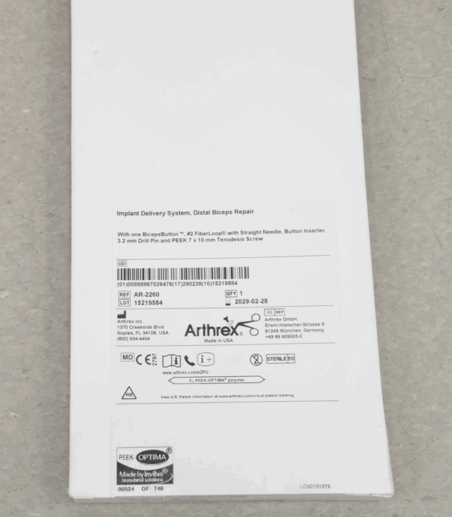 Arthrex AR-2260 Distal Biceps Repair Kit Implant Delivery System ...