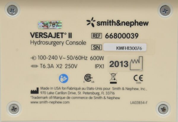 Smith & Nephew Versajet II Hydrosurgery Console W/ Foot Switch