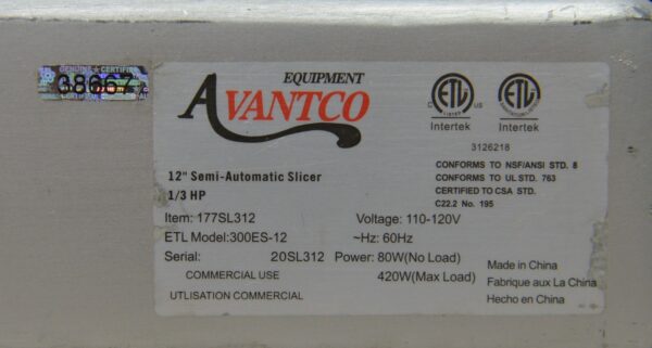 Avantco SL312 12" Semi-Automatic Gravity Feed Meat Slicer 1/3 hp