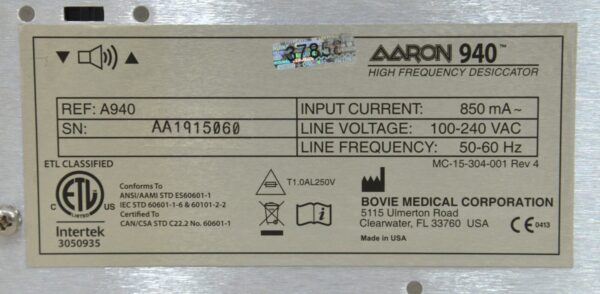 Bovie Aaron 940 High Frequency Desiccator A940 W/ Monopolar Handpiece
