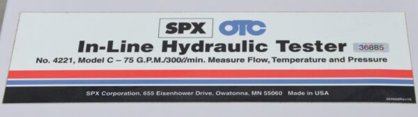 SPX OTC Model C-75 GPM In-Line Hydraulic Tester Flow Temp & Pressure 4221