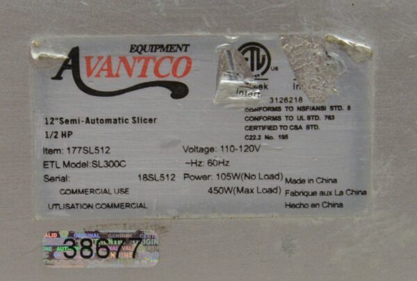 Avantco SL512 12" Semi-Automatic Gravity Feed Meat Slicer 1/2 hp