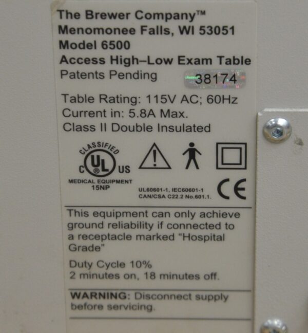 Brewer 6500 Access High-Low Exam Table Power Back W/ Foot Switch