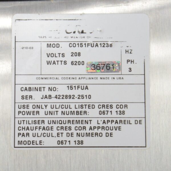 CresCor CO-151-FUA-1238 Full-Size Cook & Hold Oven 208v 3 PH
