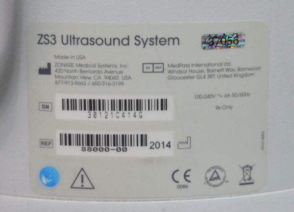 Zonare Mindray ZS3 Ultrasound System REF 88000-00 W/ Zonare P4-1c Transducer